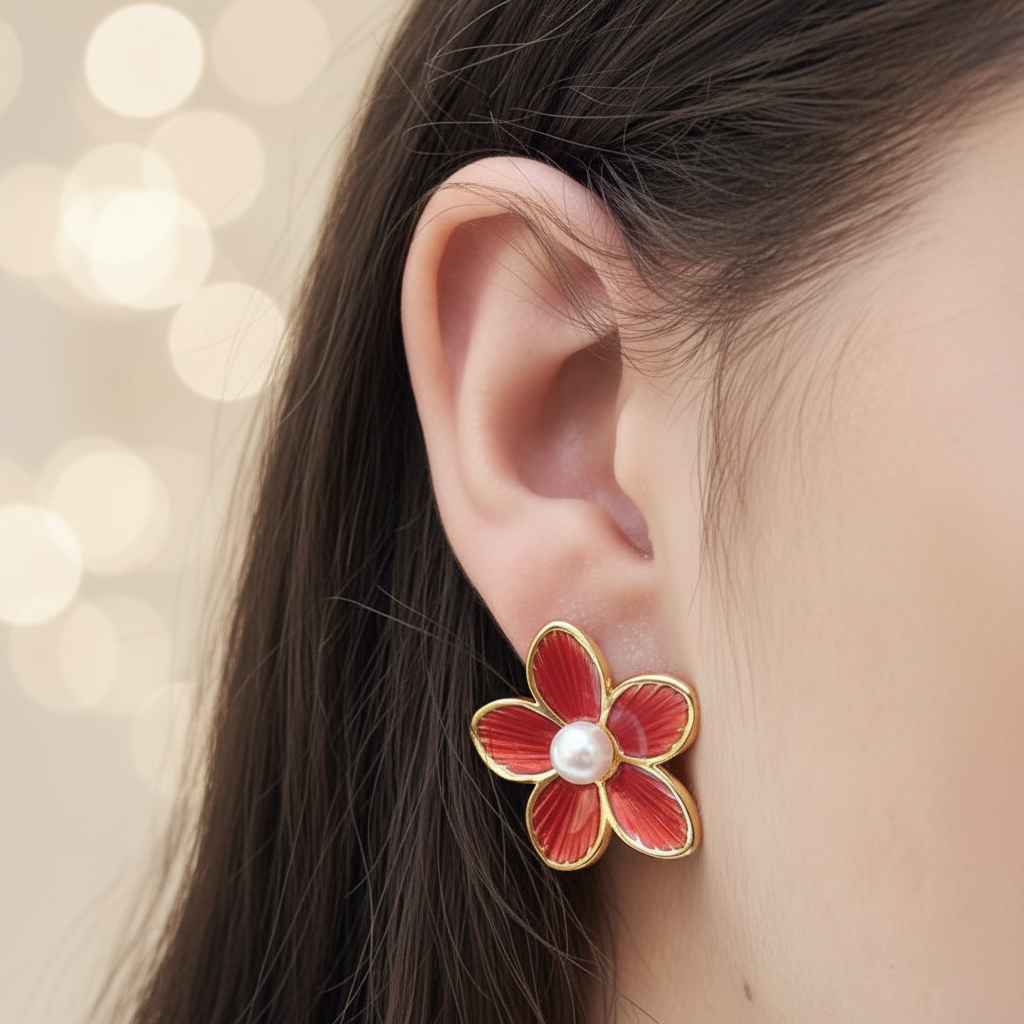 Boucle d’oreille fleur émail coloré.
