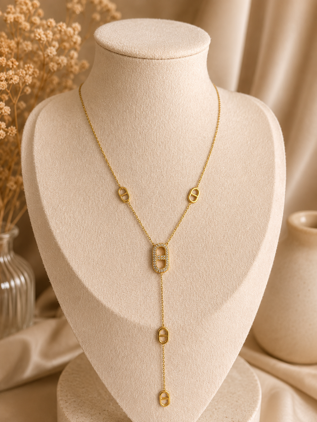 Collier sautoir en Y Maille Marine et Strass