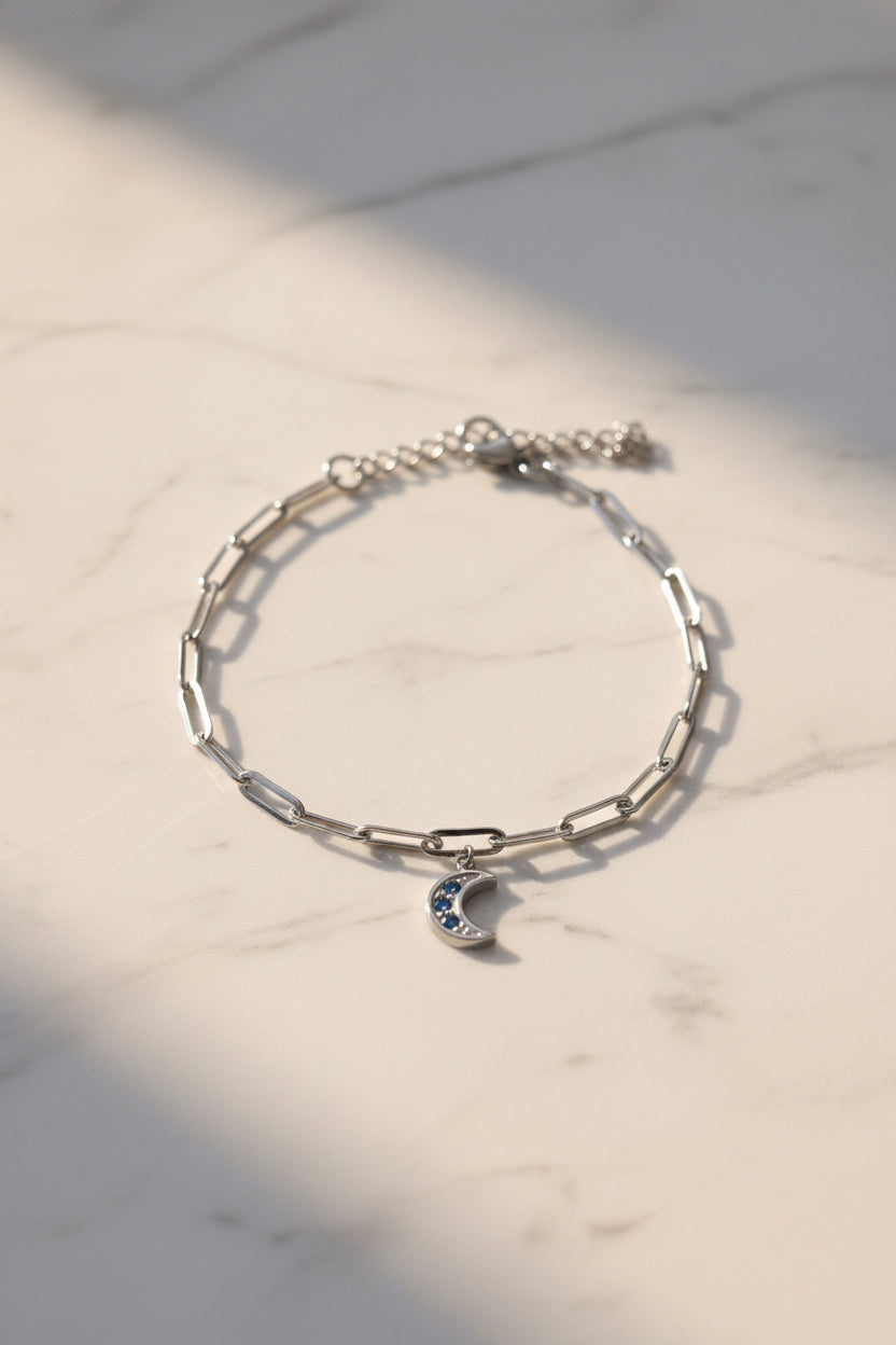 🌙Bracelet lune argenté et strass bleu 💎