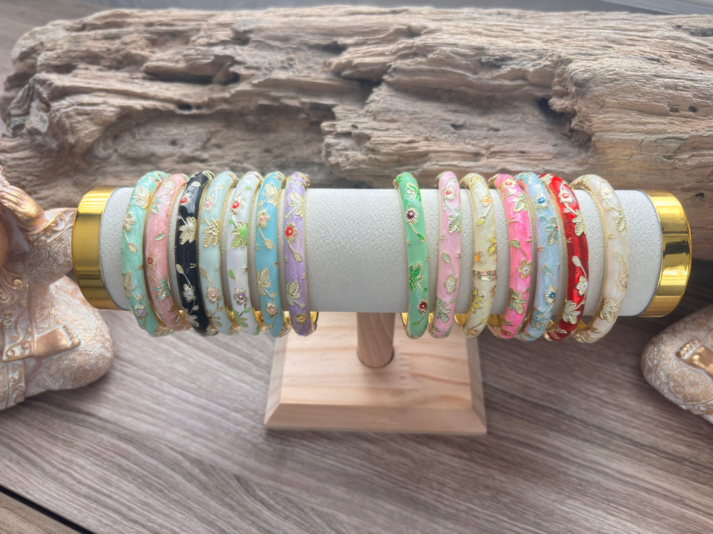 Bracelet jonc rigide à ressort - Émail fleuri thaïlandais.