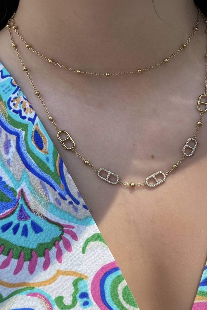 Collier Double Maille Marine Acier Inoxydable
