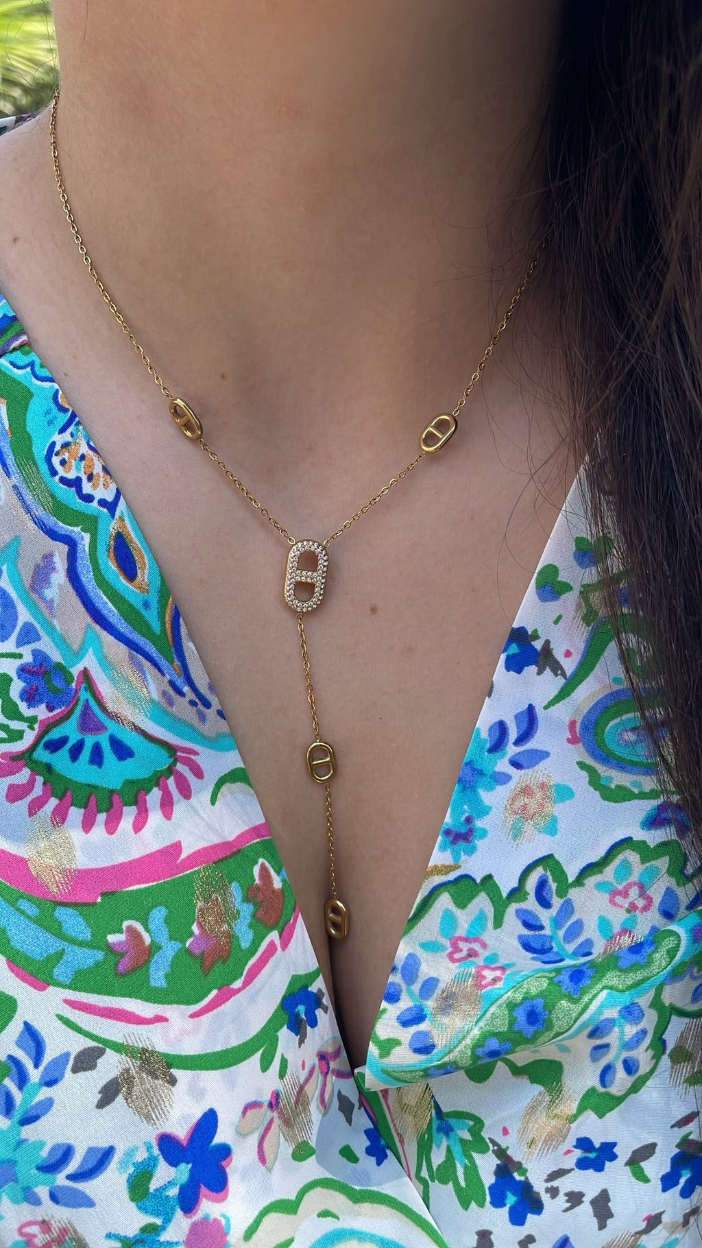 Collier sautoir en Y Maille Marine et Strass