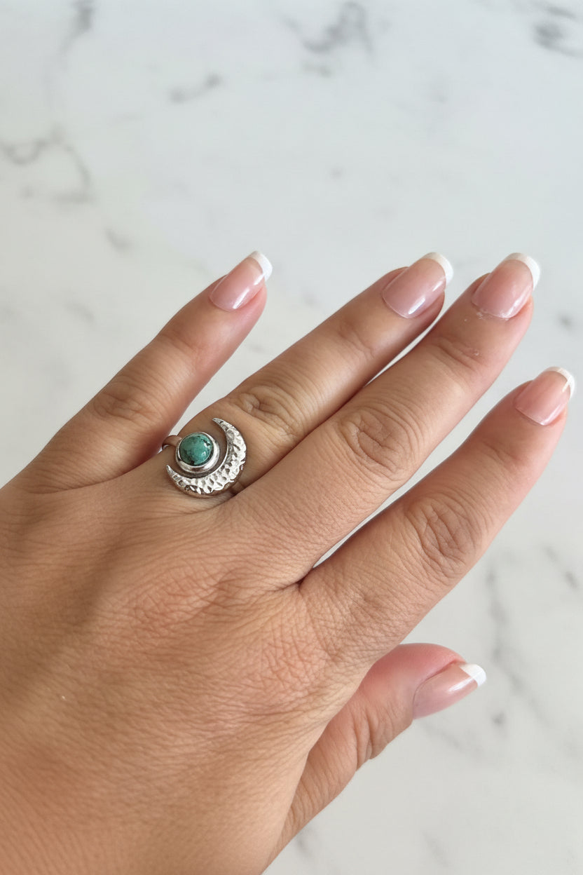 Bague Céleste Croissant de Lune & Turquoise – Acier Inoxydable