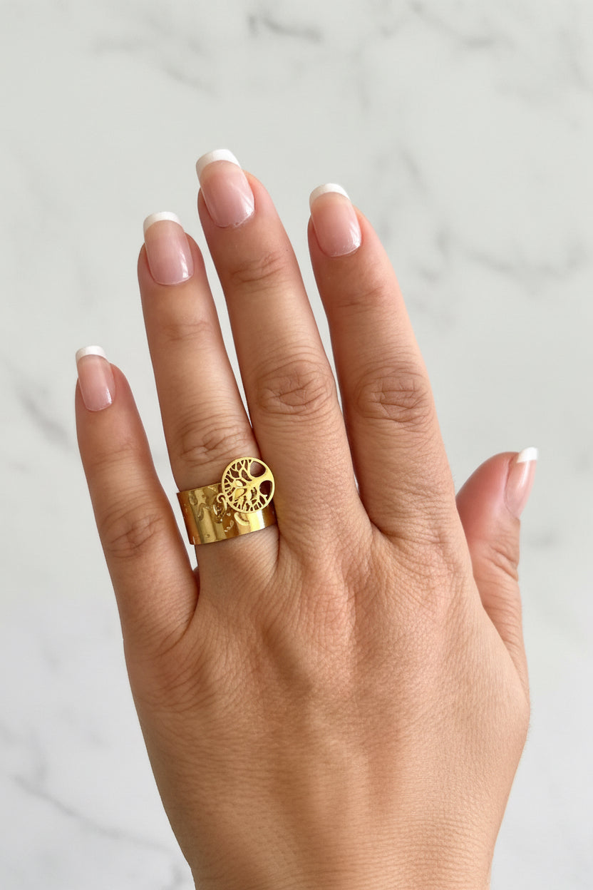 Bague Tube Ajustable en Acier Inoxydable Doré – Motif Arbre de Vie