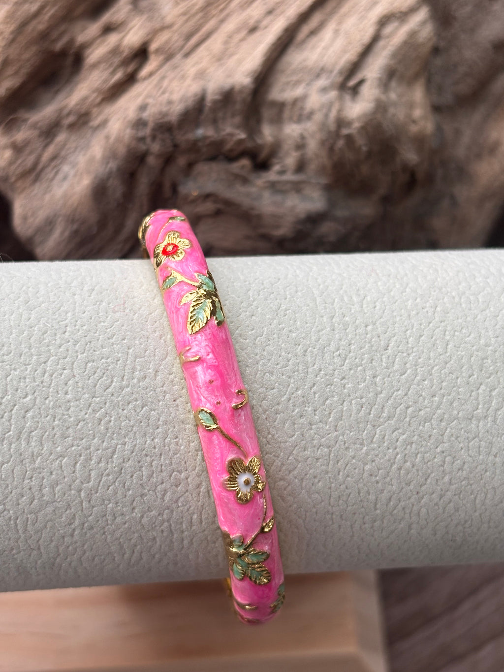 🌺Bracelet jonc rigide à ressort -Émail fleuri thaïlandais.