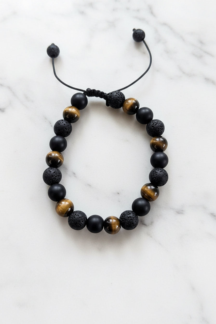 Bracelet cordon Œil  de tigre /Pierre de lave /Agate noir